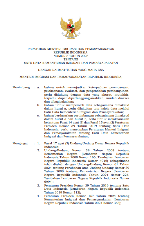 Peraturan Menteri Imigrasi dan Pemasyarakatan Republik Indonesia Nomor 5 Tahun 2026 Tentang Satu Data Kementerian Imigrasi dan Pemasyarakatan